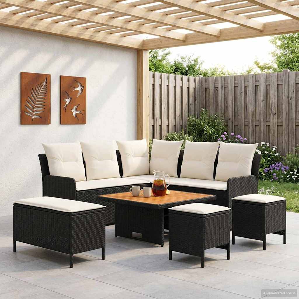 vidaXL Möbelsets mit Kissen 7 pcs Schwarz und Creme PE-Rattan