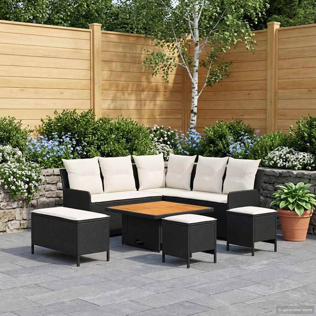 vidaXL Möbelsets mit Kissen 7 pcs Schwarz und Creme PE-Rattan