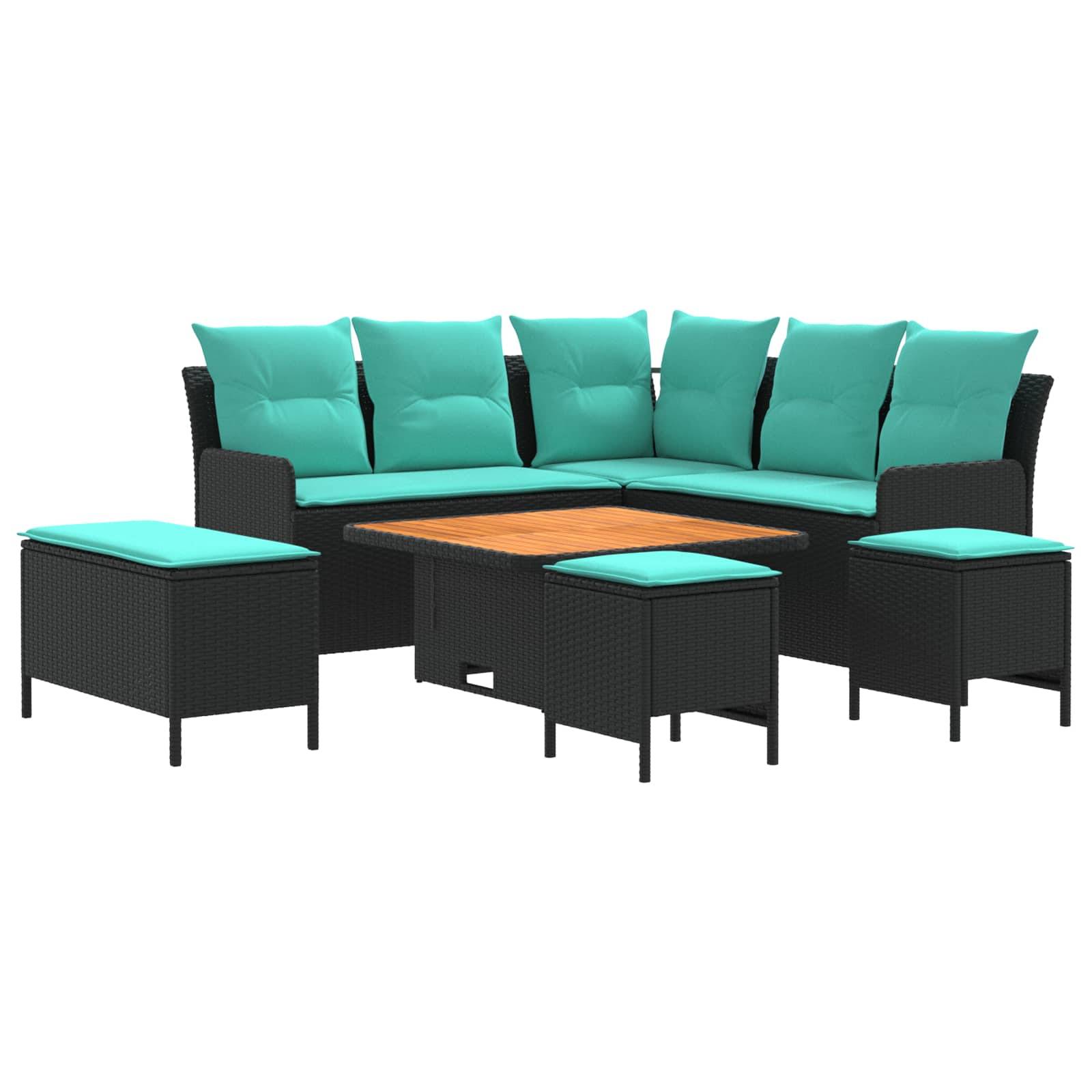 vidaXL Möbelsets mit Kissen 7 pcs Schwarz und Türkis PE-Rattan