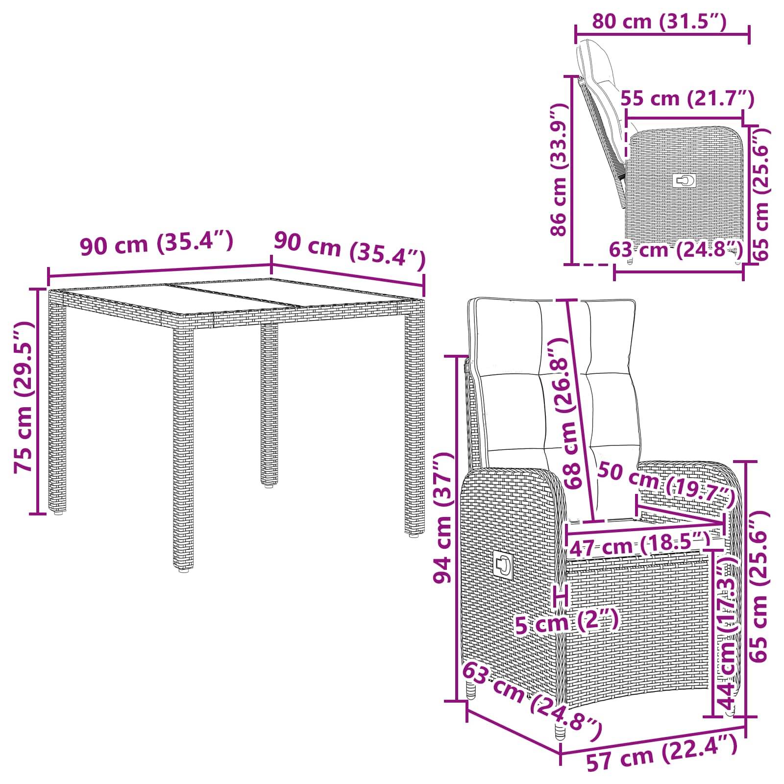 vidaXL Outdoortisch-Set 3 pcs PE Rattan und pulverbeschichteter Stahl