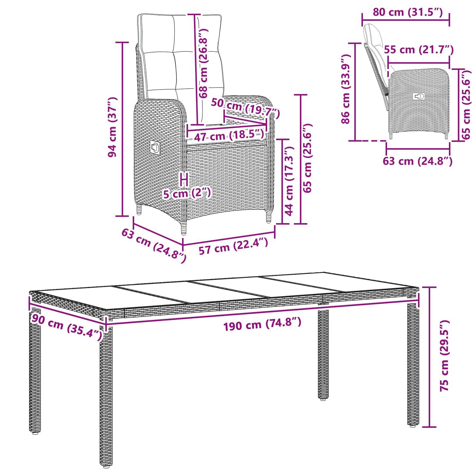 vidaXL Outdoortisch-Set 9 pcs Braun und Creme Weiß 190 x 90 x 75 cm