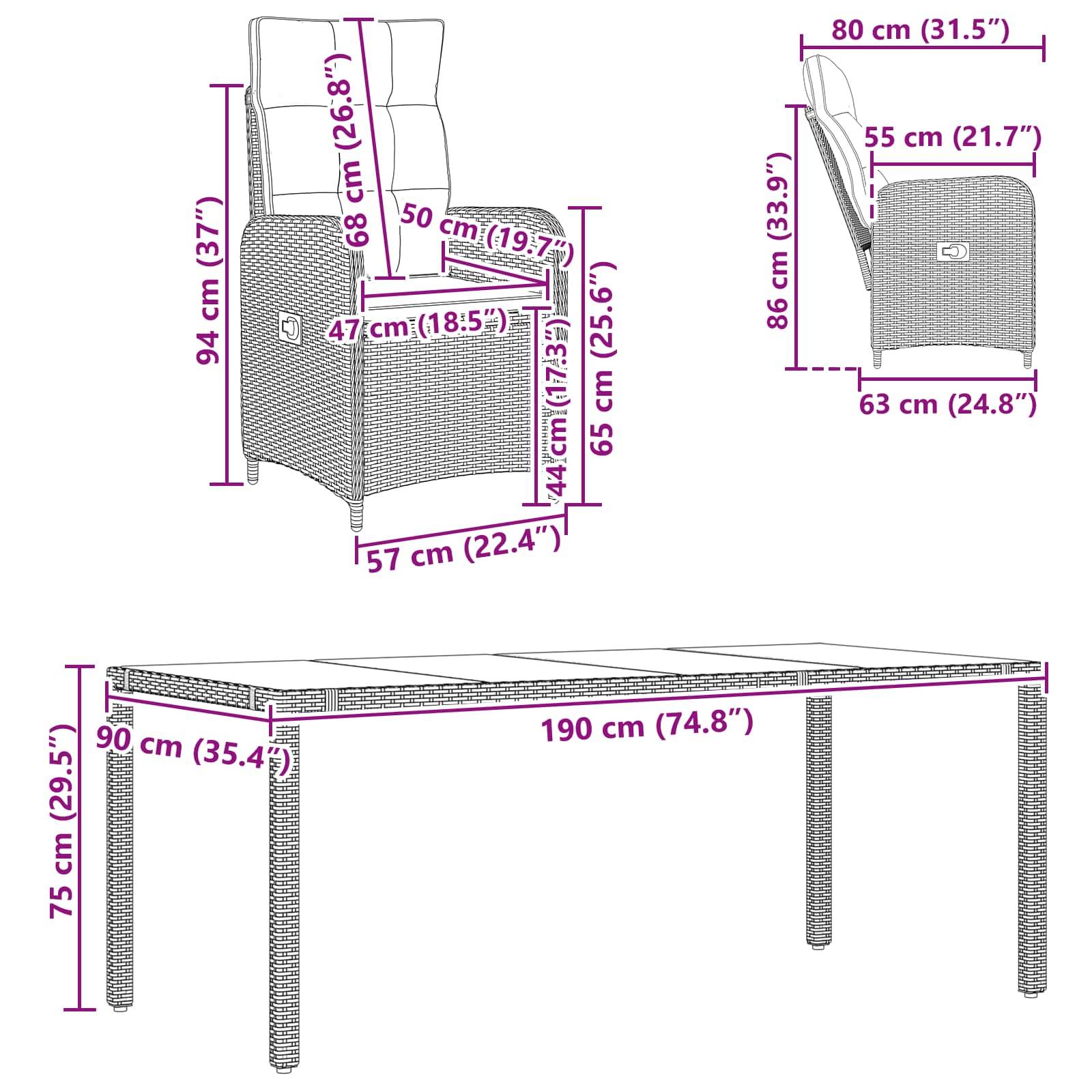 vidaXL Outdoortisch-Set 9 pcs Beige und Hellgrau 190 x 90 x 75 cm