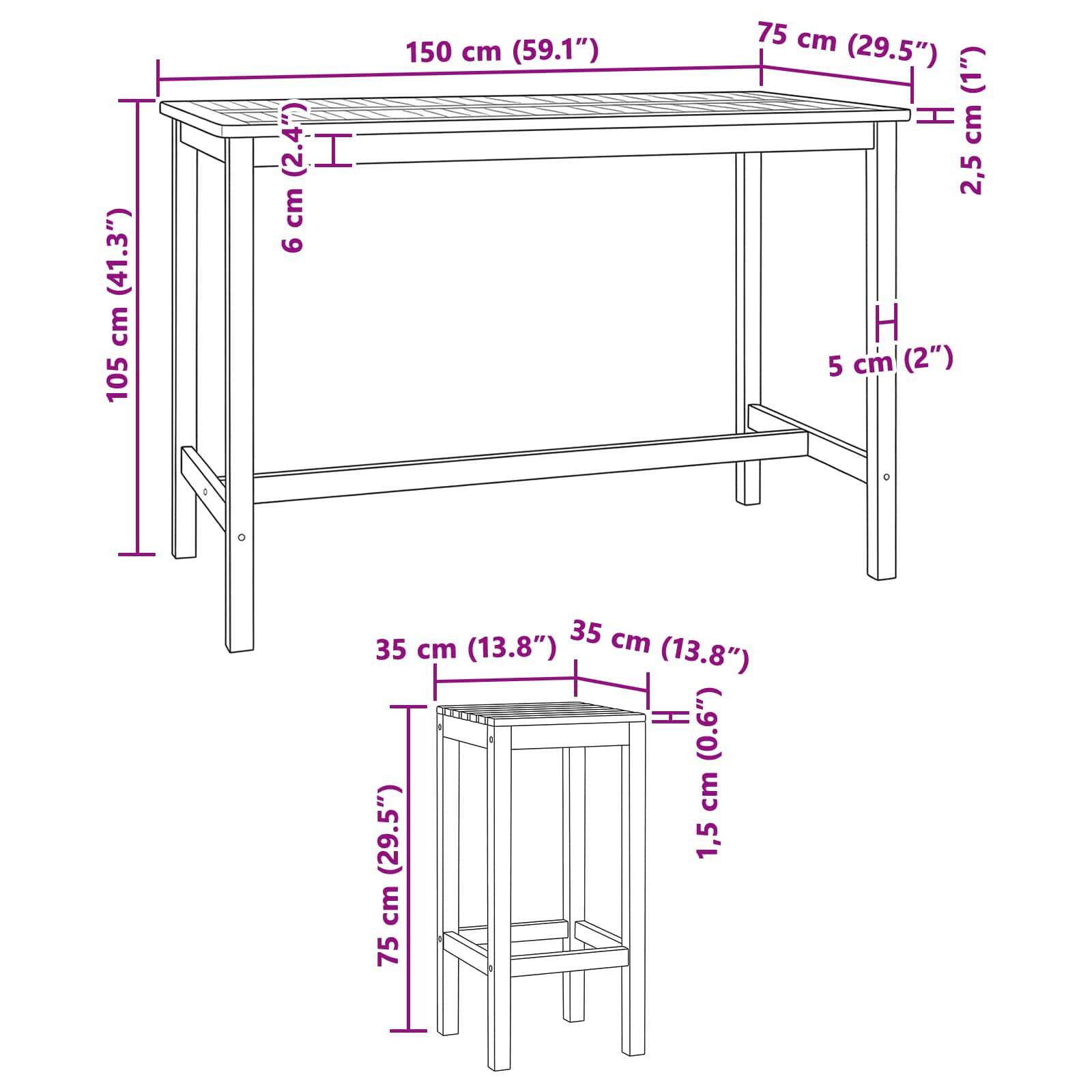 vidaXL Outdoor Bar Set 7 pcs Unbehandelt Massivholz Teak