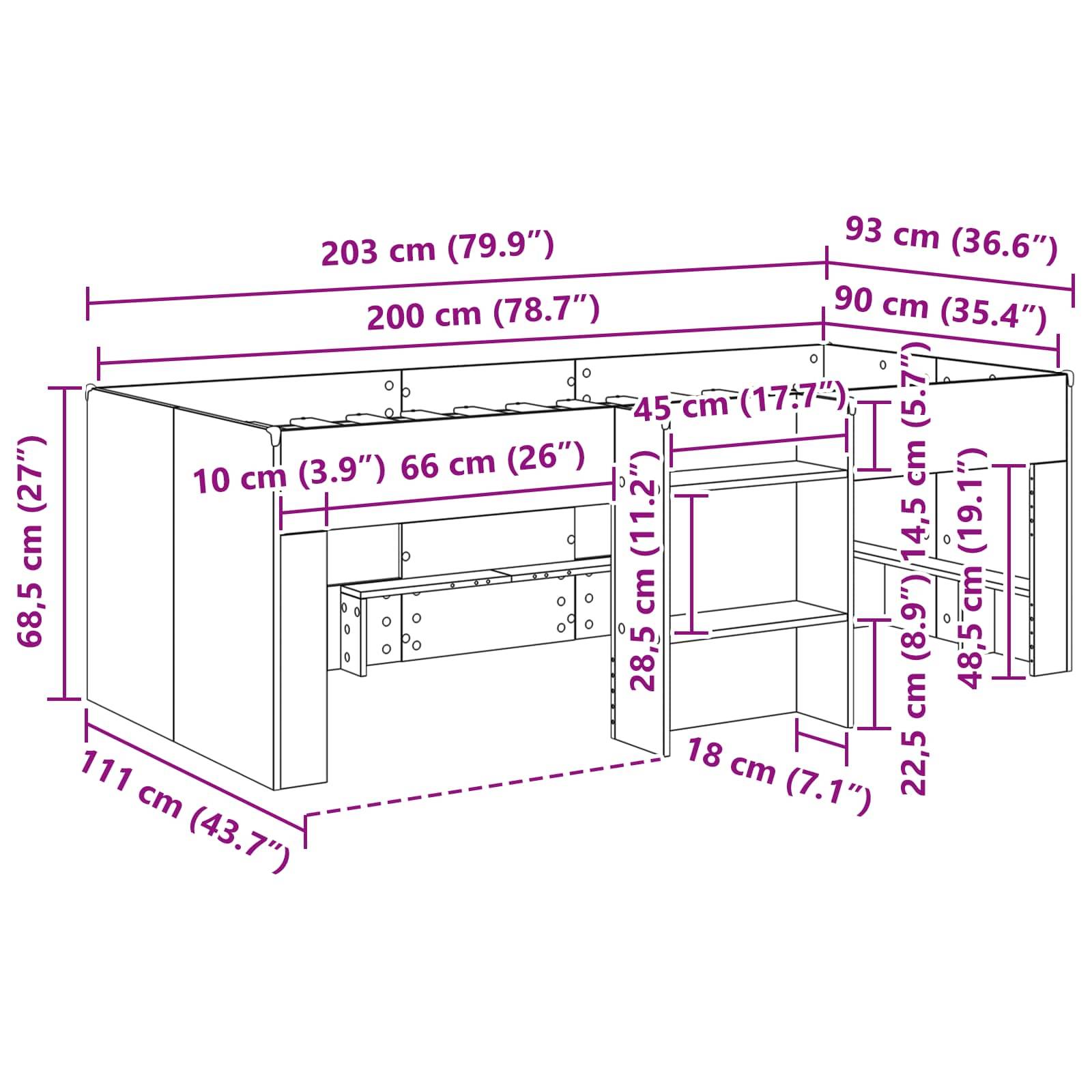 vidaXL Hochbett für Kinder 2 pcs Betongrau 90 x 200 cm Holzwerkstoff