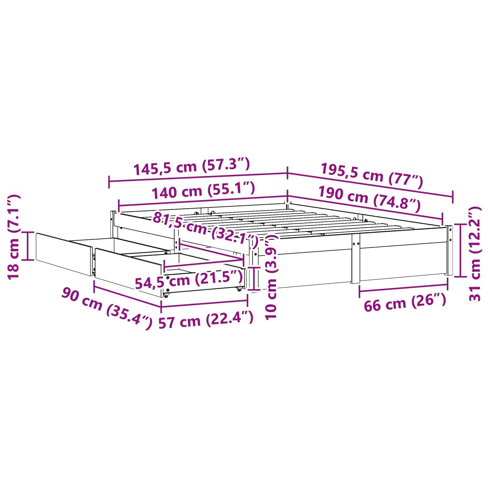 vidaXL Bettrahmen mit Schubladen mit Speicher Massivholz Kiefer