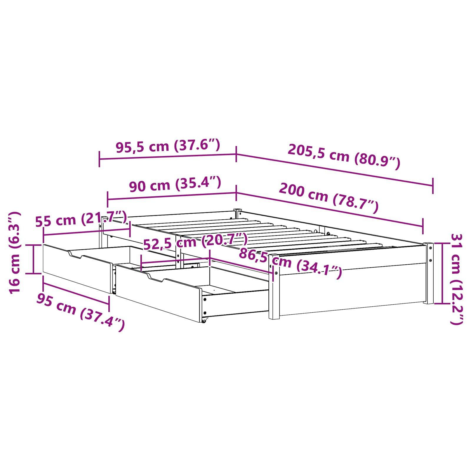 vidaXL Bettrahmen mit Schubladen Wachsbraun Massivholz Kiefer