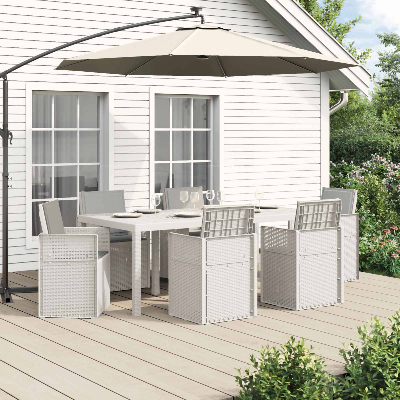vidaXL Garten Essgruppe mit Kissen 7 pcs Weiß und Hellgrau PP