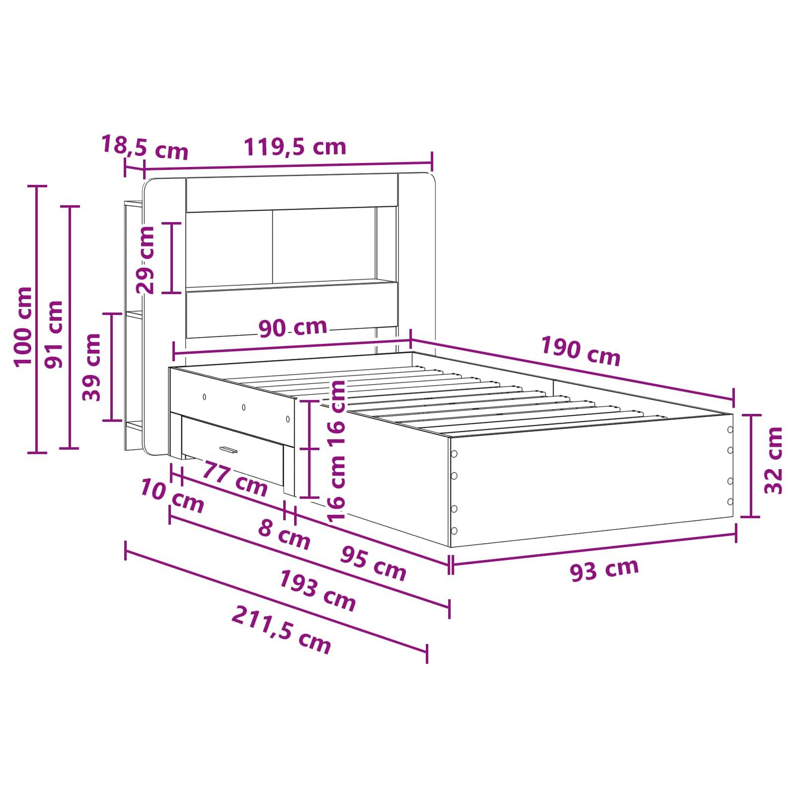 vidaXL Bettgestell mit Stauraum mit Kopfteil Artisan-Eiche 90 x 190 cm