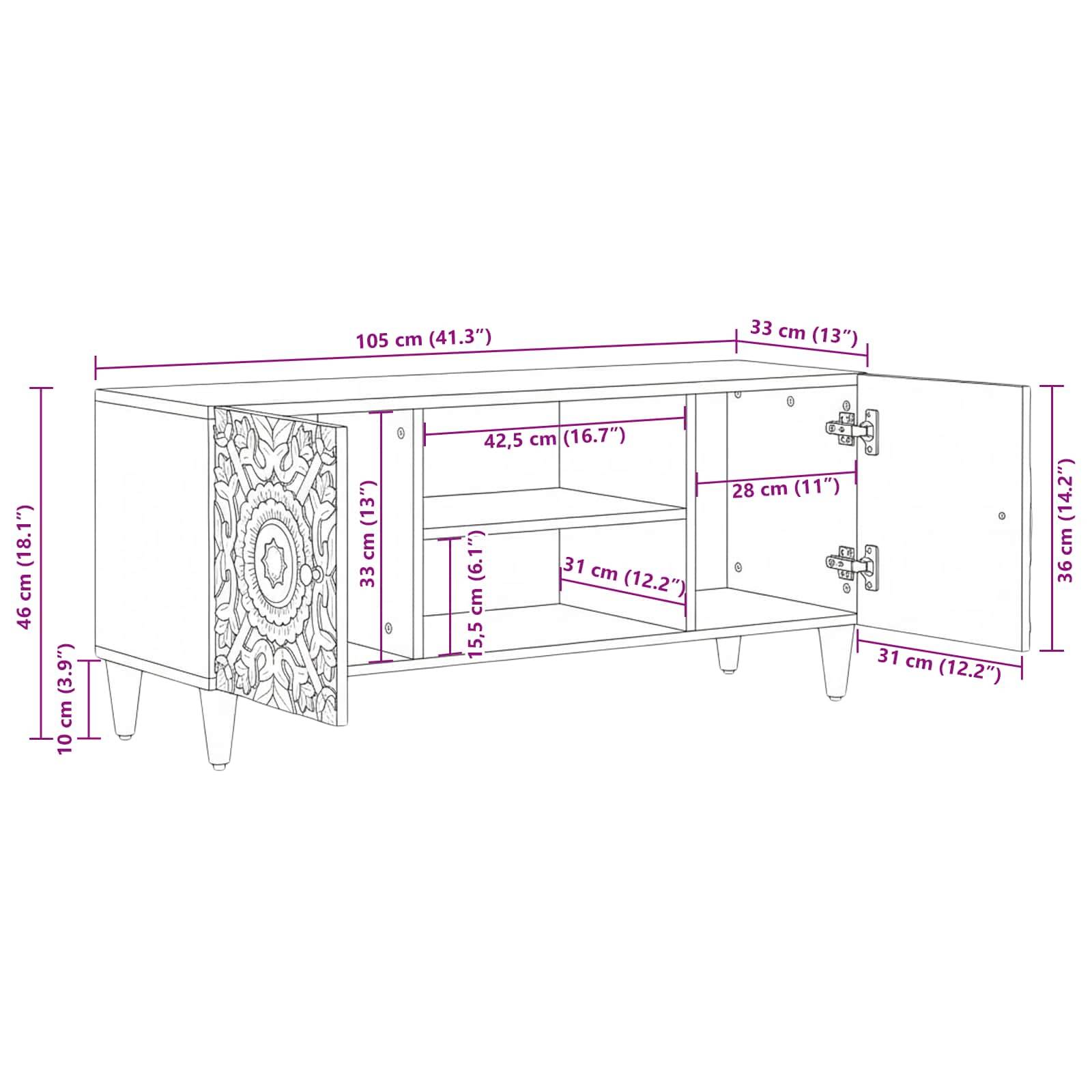 vidaXL TV-Schränk Braun 105 x 33,5 x 46 cm Massivholz Mango