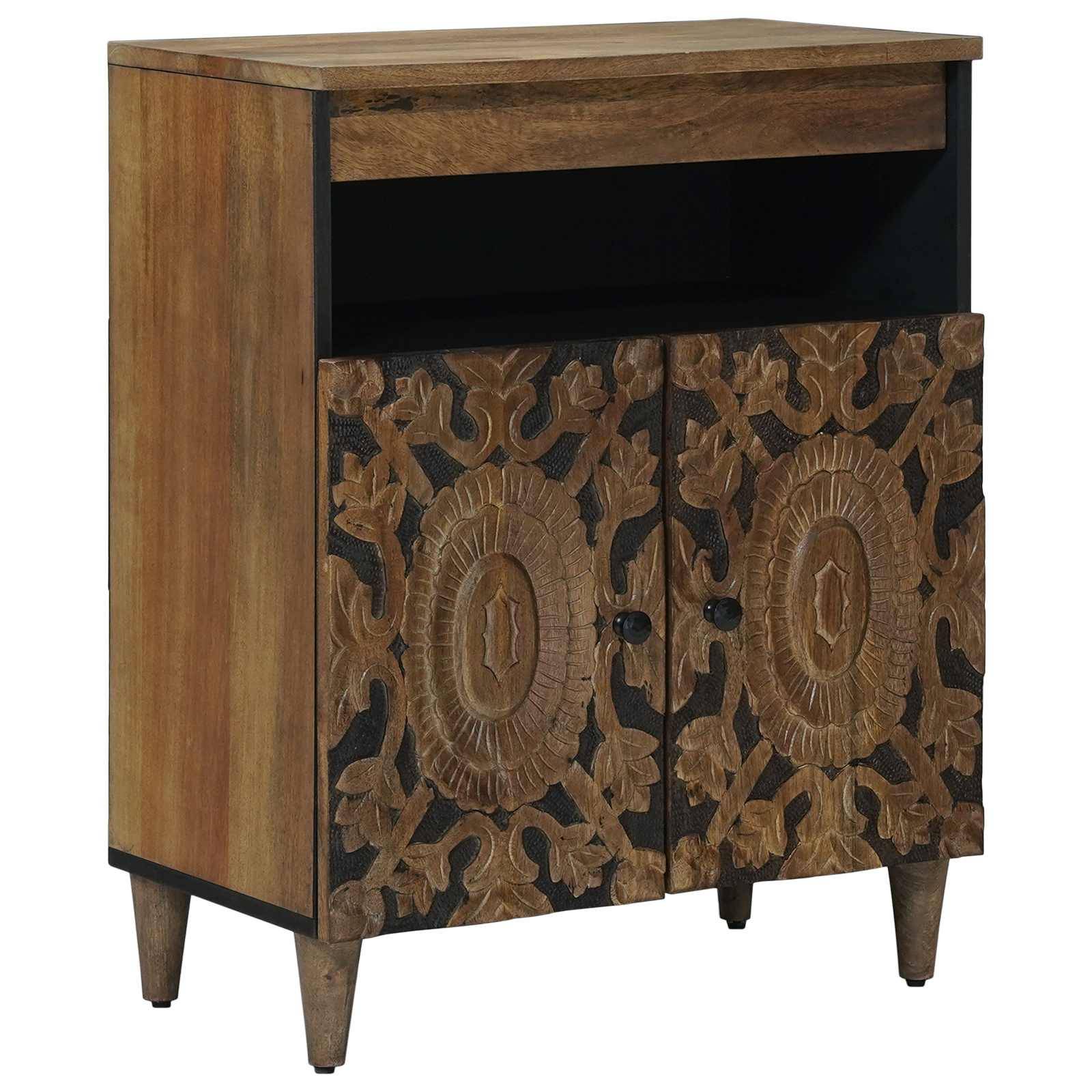 Kleiner Holzschrank mit zwei geschnitzten Flügeltüren, offenem Regal oben und konischen Beinen.