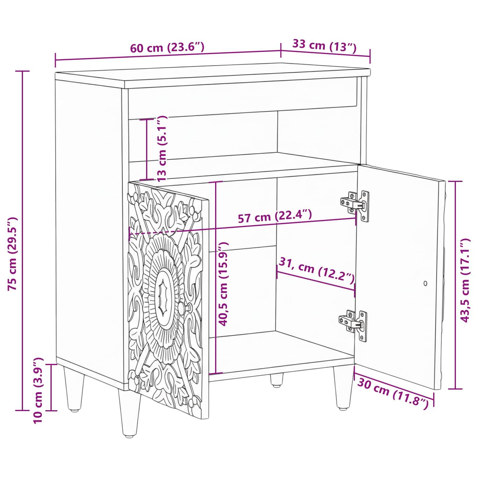 Kommentierte Zeichnung eines kleinen Schranks mit einem offenen Regal und einer Tür, mit Abmessungen in cm und Zoll: 60 cm breit, 33 cm tief, 75 cm hoch.