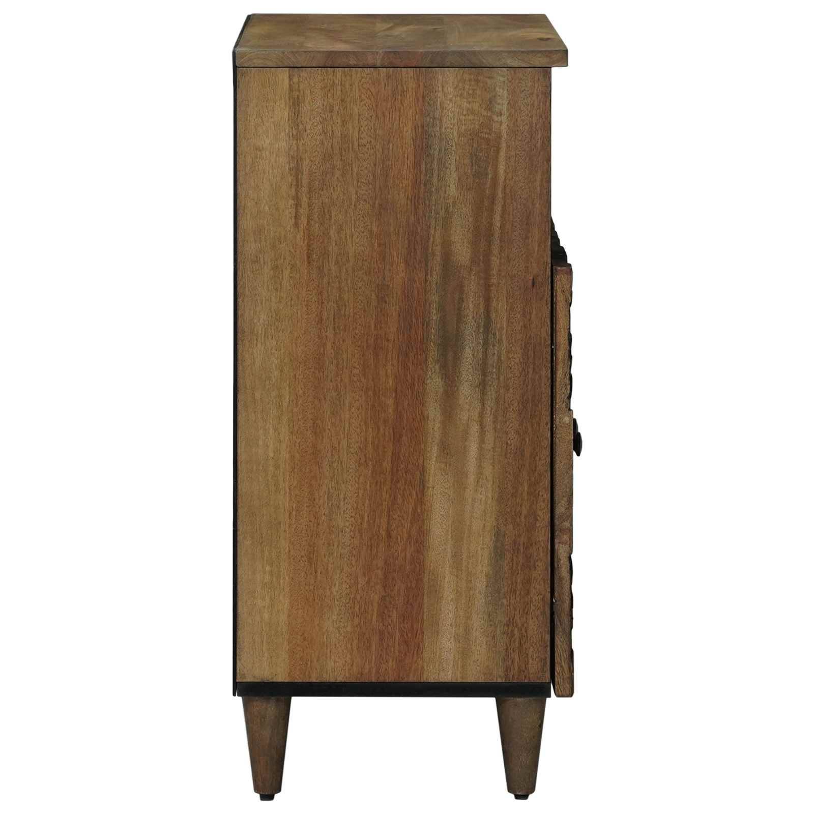 Hoher Holzschrank oder Nachttisch in der Seitenansicht, mit einer Holzmaserungsoptik und verjüngten Beinen.