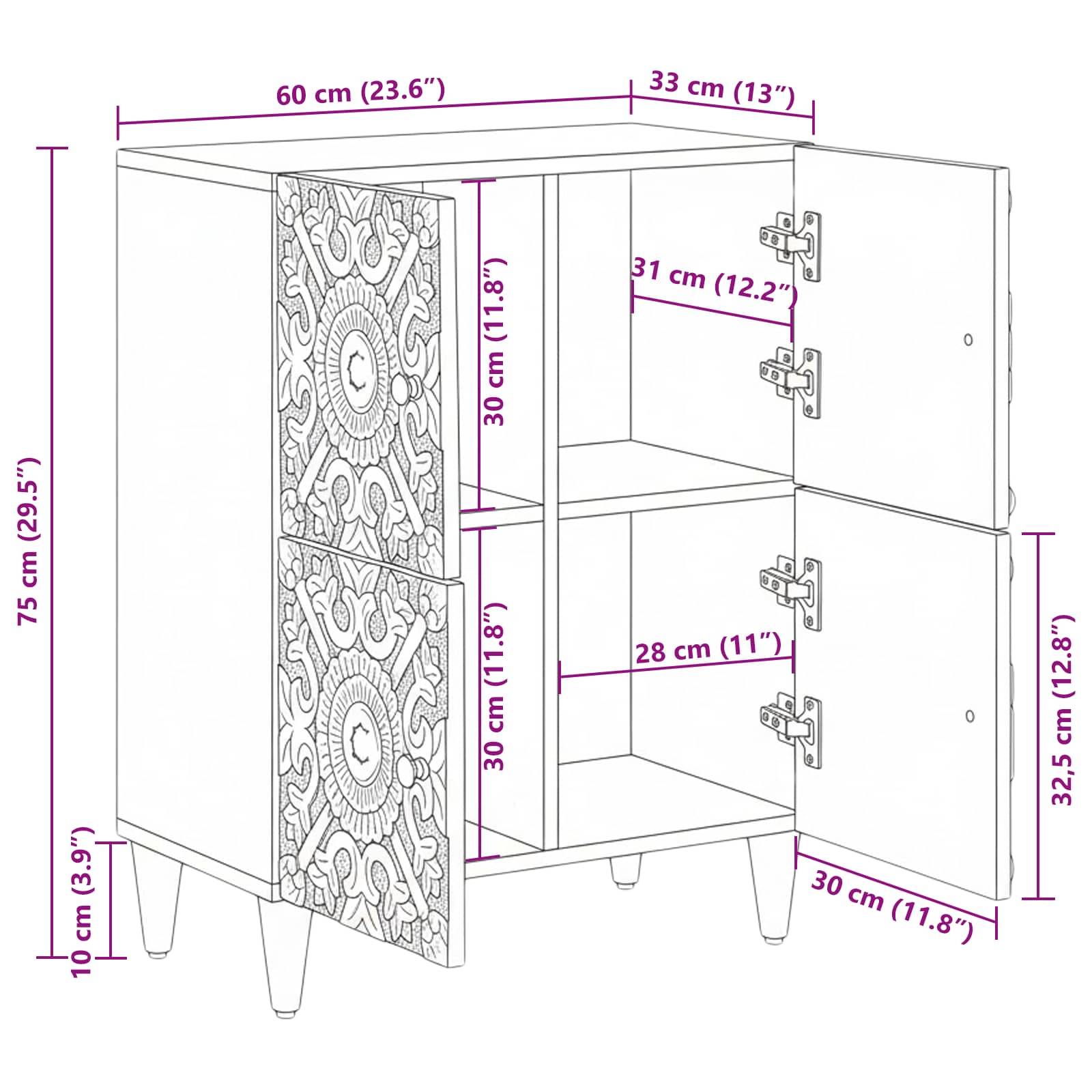 vidaXL Sideboard mit Speicher Braun 60 x 33,5 x 75 cm Massivholz Mango