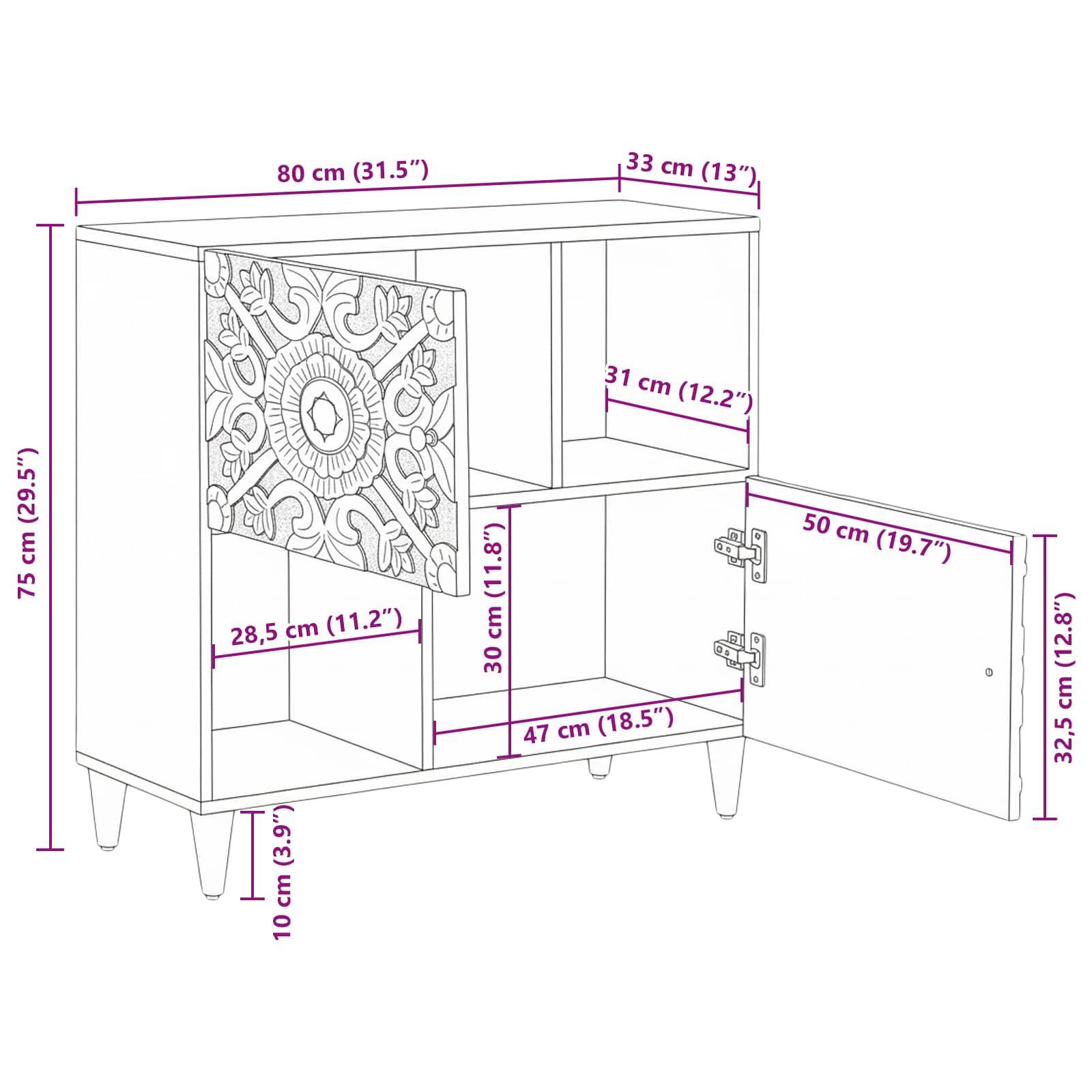 vidaXL Sideboard mit Speicher Braun 80 x 33,5 x 75 cm Massivholz Mango