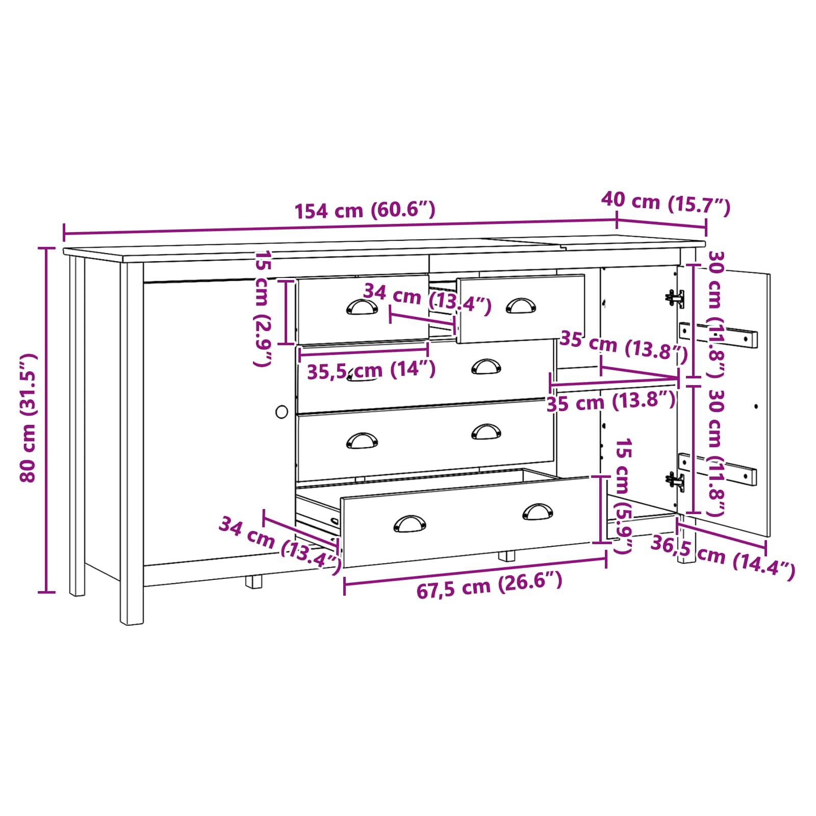 vidaXL Sideboard HILL Honigbraun 154 x 40 x 80 cm Massives Kiefernholz