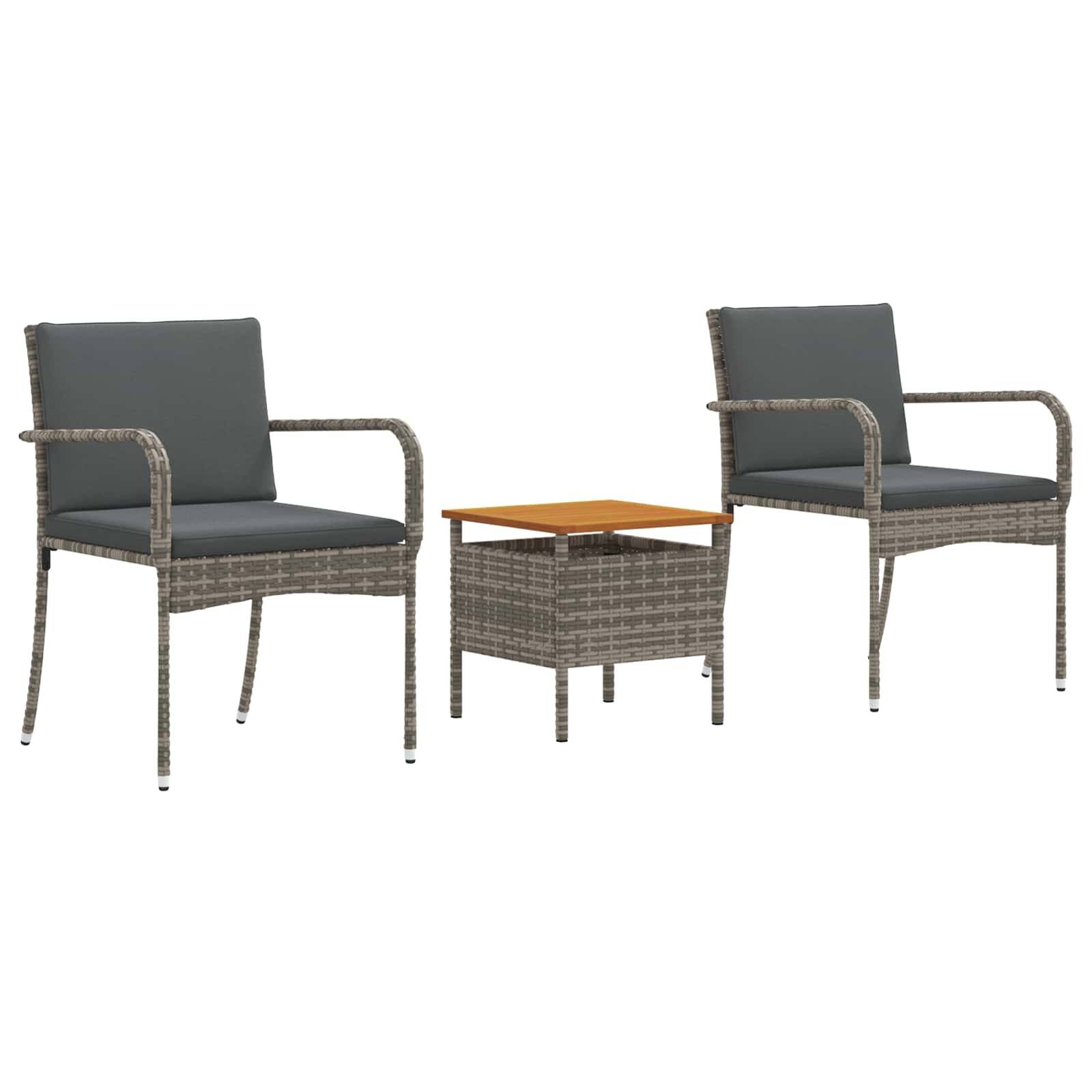 vidaXL Garten Bistro Set mit Kissen 3-teilig Grau Poly-Rattan