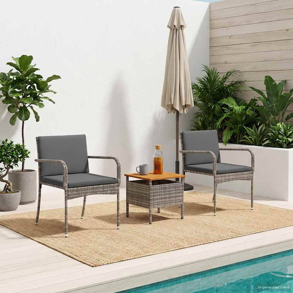 vidaXL Garten Bistro Set mit Kissen 3-teilig Grau Poly-Rattan