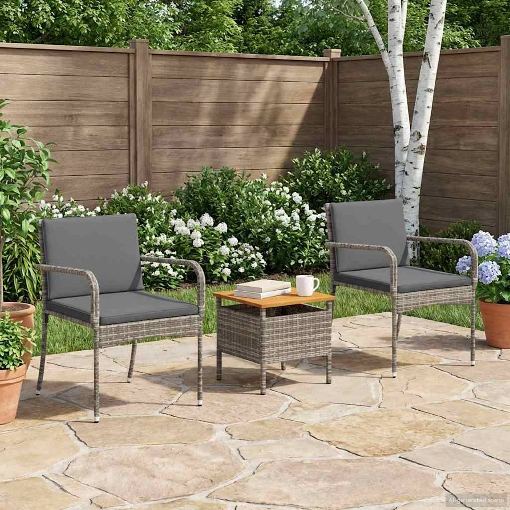 vidaXL Garten Bistro Set mit Kissen 3-teilig Grau Poly-Rattan