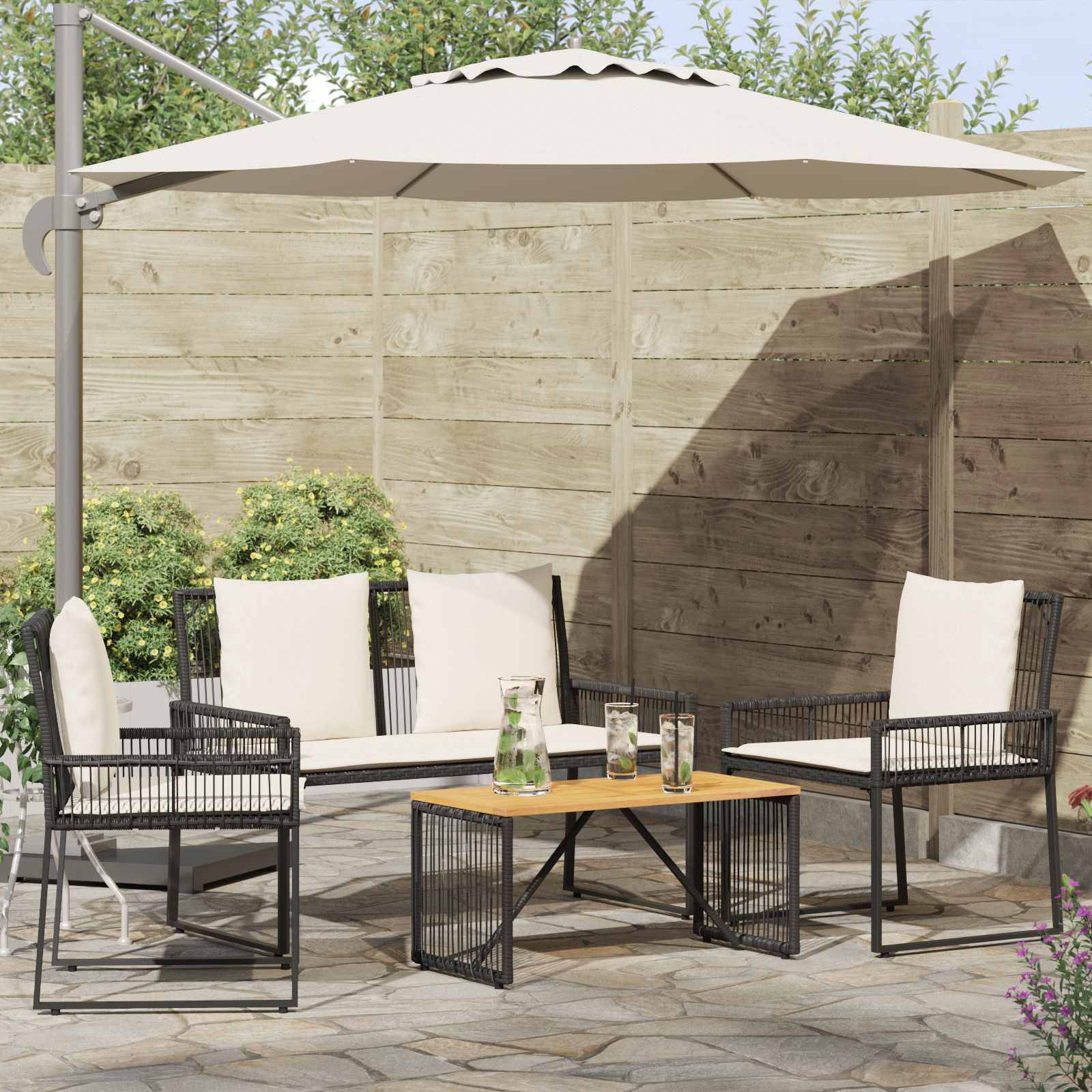 vidaXL Gartenmöbel Set 4 Stk. Schwarz und Cremeweiß Poly-Rattan