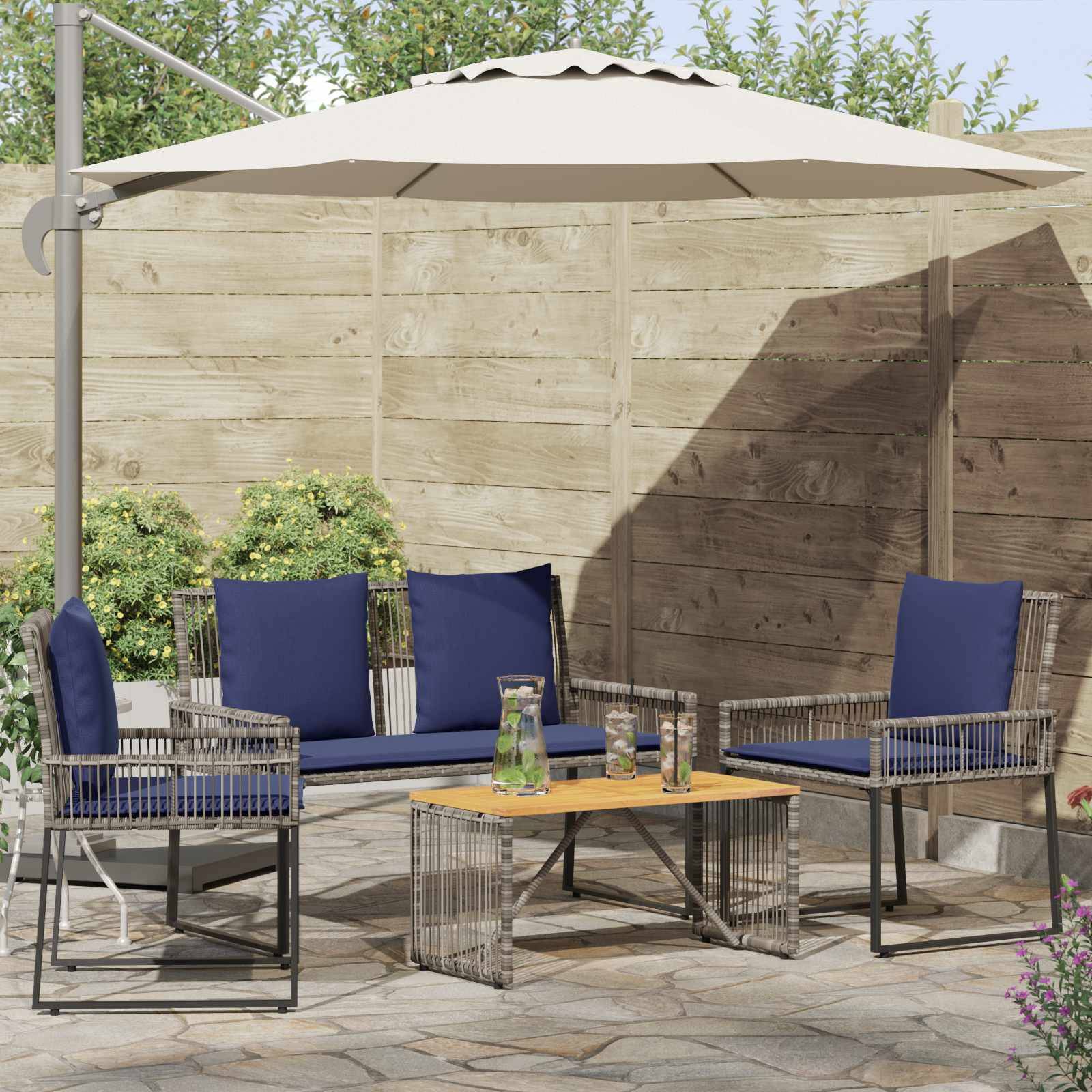 vidaXL Gartenmöbel Set 9 pcs Grau und Marineblau Poly-Rattan