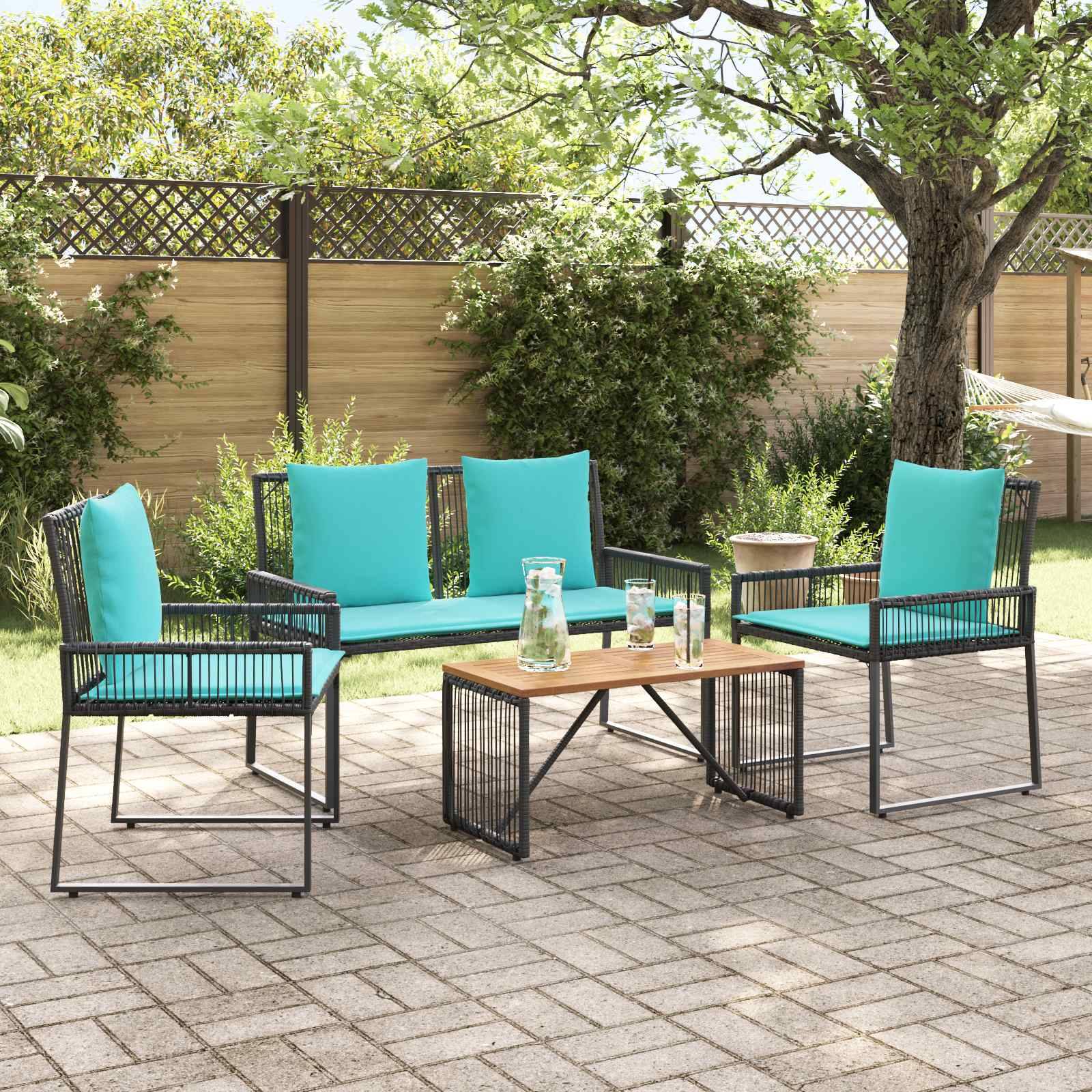 vidaXL Gartenmöbel Set mit Kissen 9 pcs Schwarz und Türkis Poly-Rattan