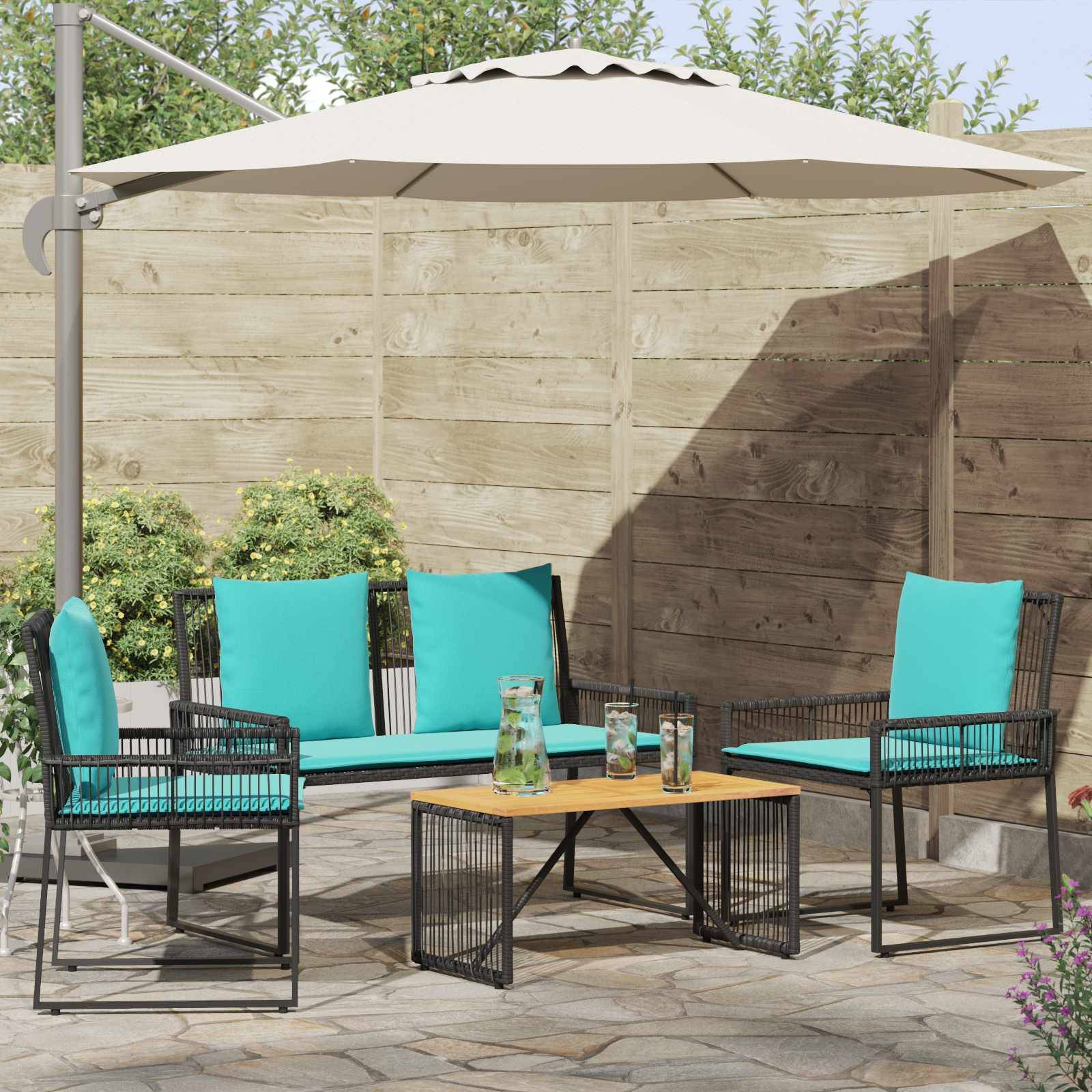 vidaXL Gartenmöbel Set mit Kissen 9 pcs Schwarz und Türkis Poly-Rattan