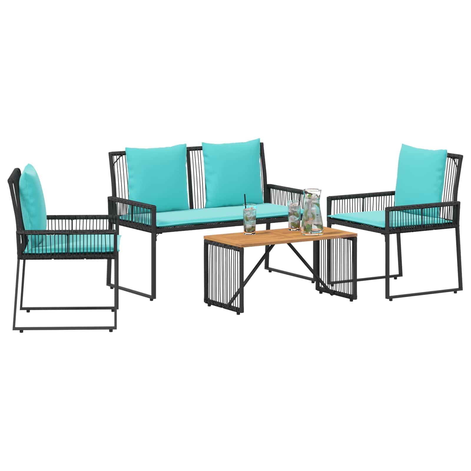 vidaXL Gartenmöbel Set mit Kissen 9 pcs Schwarz und Türkis Poly-Rattan