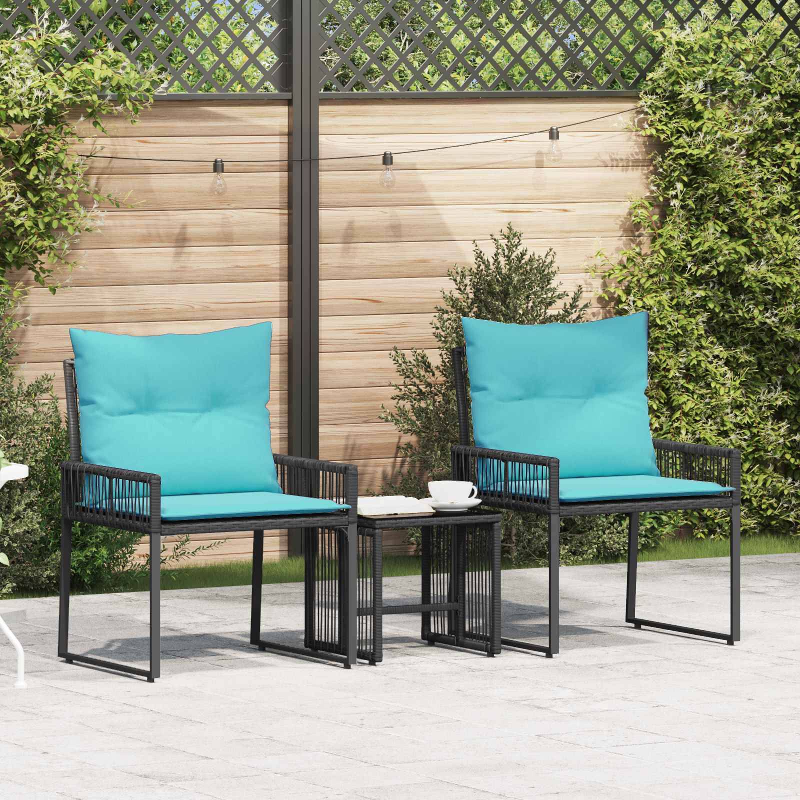 vidaXL Gartenmöbel Set mit Kissen 7 pcs Schwarz und Türkis Poly-Rattan