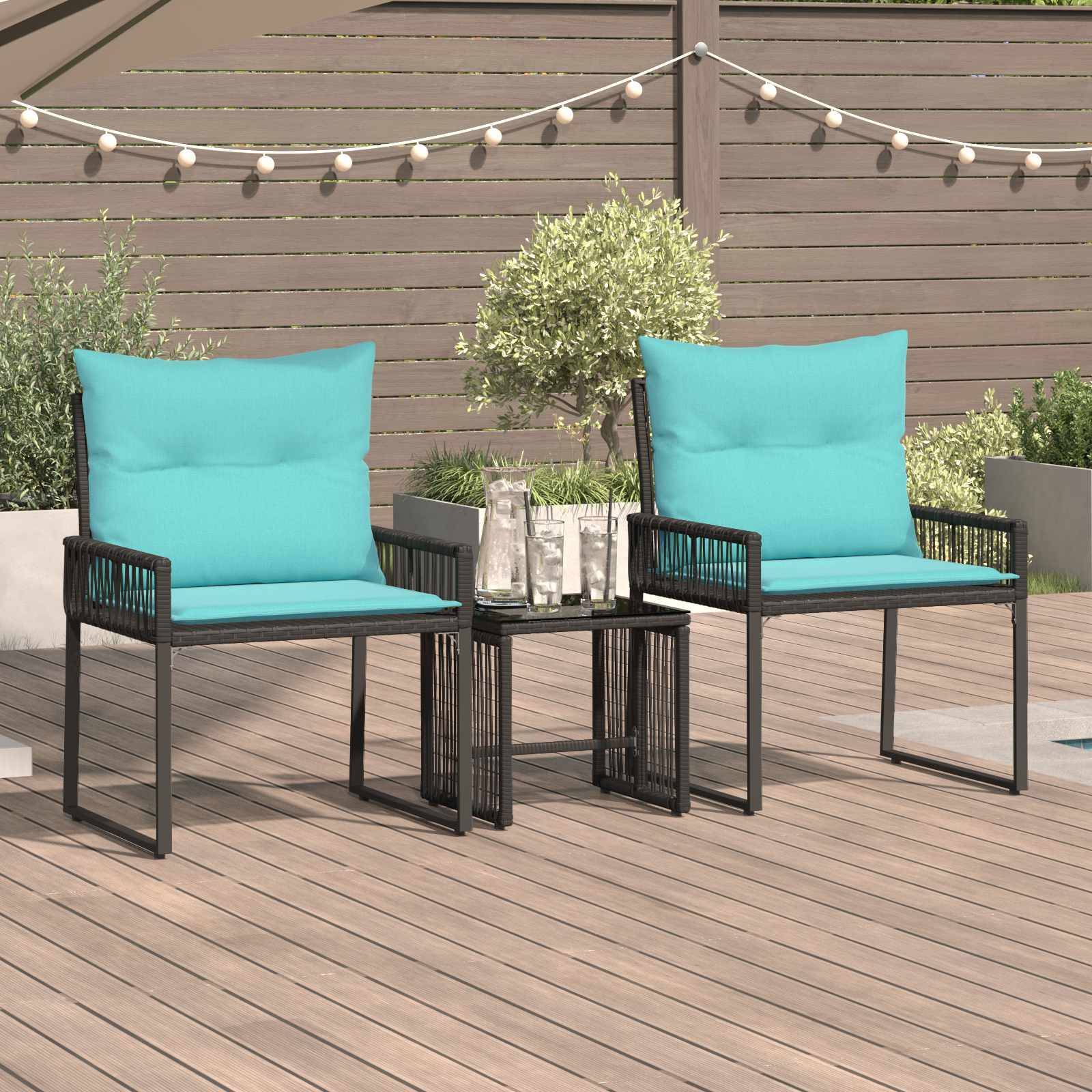 vidaXL Gartenmöbel Set mit Kissen 7 pcs Schwarz und Türkis Poly-Rattan