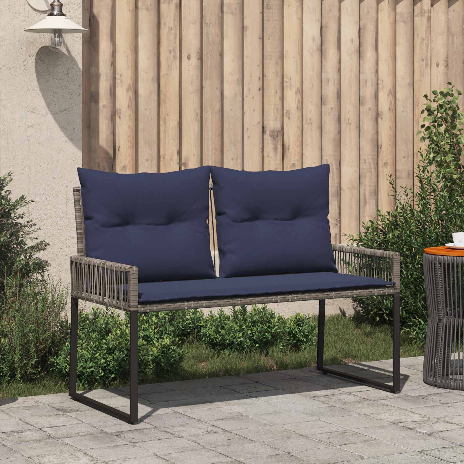 vidaXL Bank Outdoor mit Kissen 4 pcs Grau und Marineblau Poly-Rattan