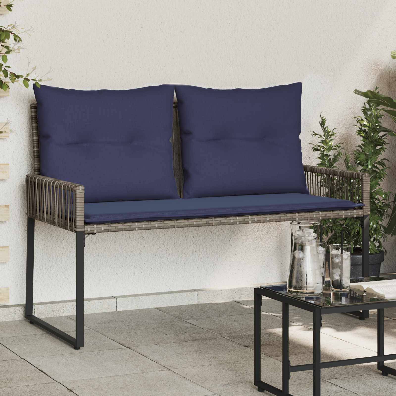 vidaXL Bank Outdoor mit Kissen 4 pcs Grau und Marineblau Poly-Rattan