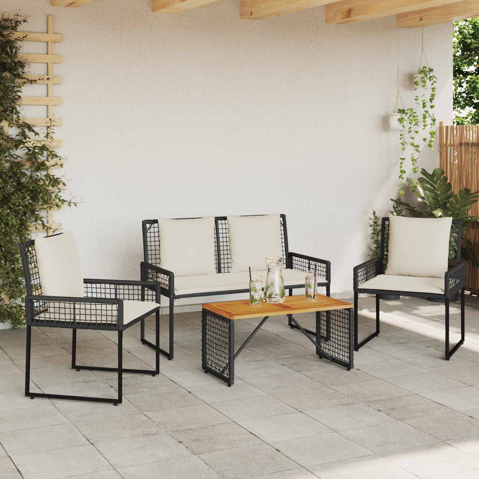 vidaXL Gartenmöbel-Set mit Kissen 4 pcs Schwarz und Cremeweiß