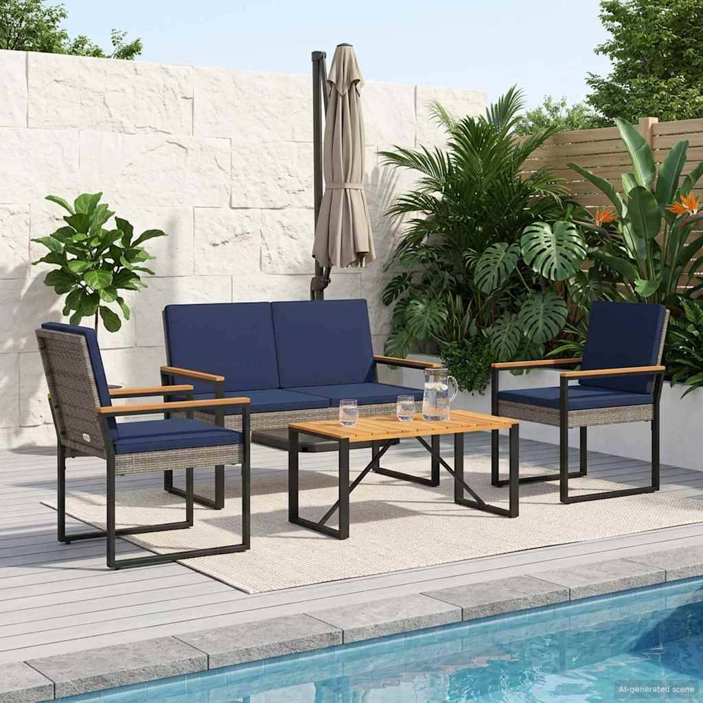 vidaXL Gartenmöbel Set 4 pcs Grau und Marineblau Poly-Rattan
