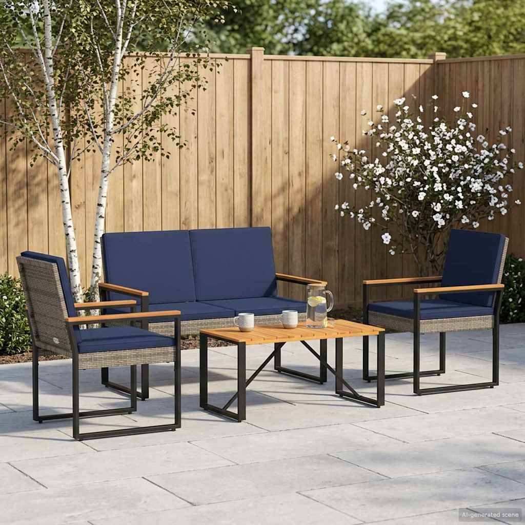 vidaXL Gartenmöbel Set 4 pcs Grau und Marineblau Poly-Rattan
