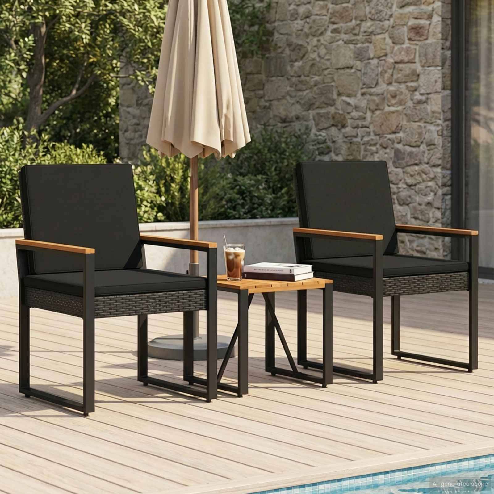 vidaXL Gartenmöbel Set mit Kissen 3 pcs Schwarz Poly-Rattan