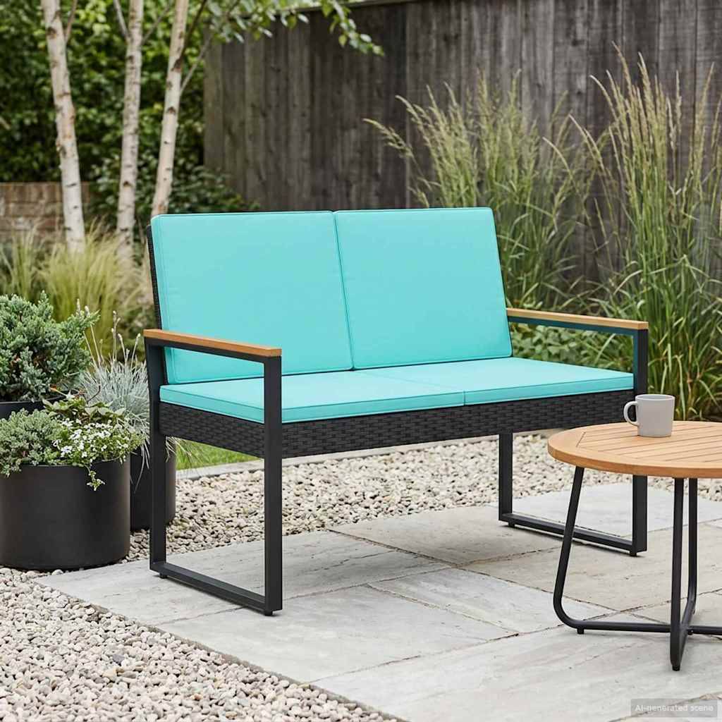 vidaXL Bank Outdoor Schwarz und Türkis 107 x 61 x 80 cm Poly-Rattan