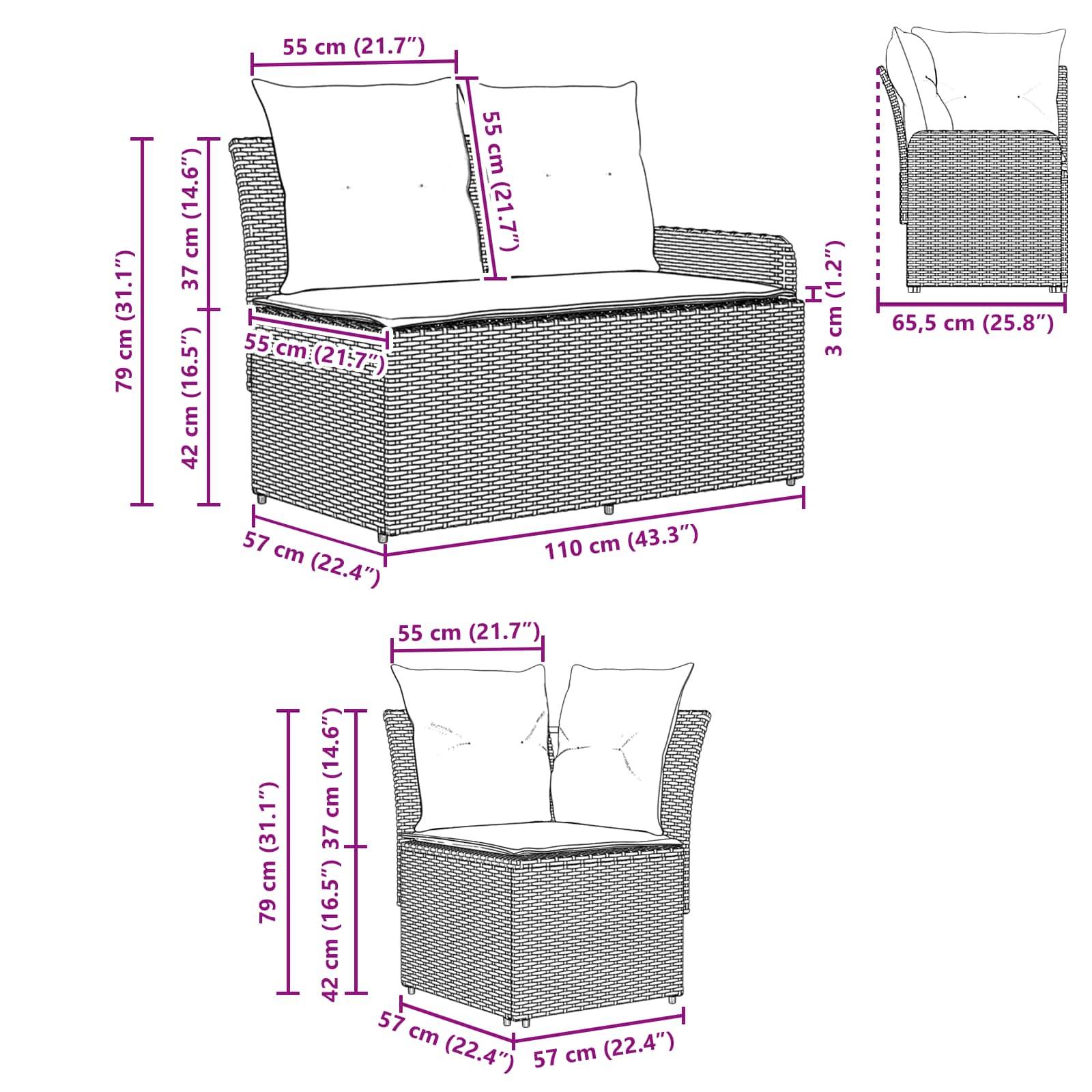 vidaXL Gartenarmsessel mit Ecksofa 2 Stück Schwarz PE-Rattan