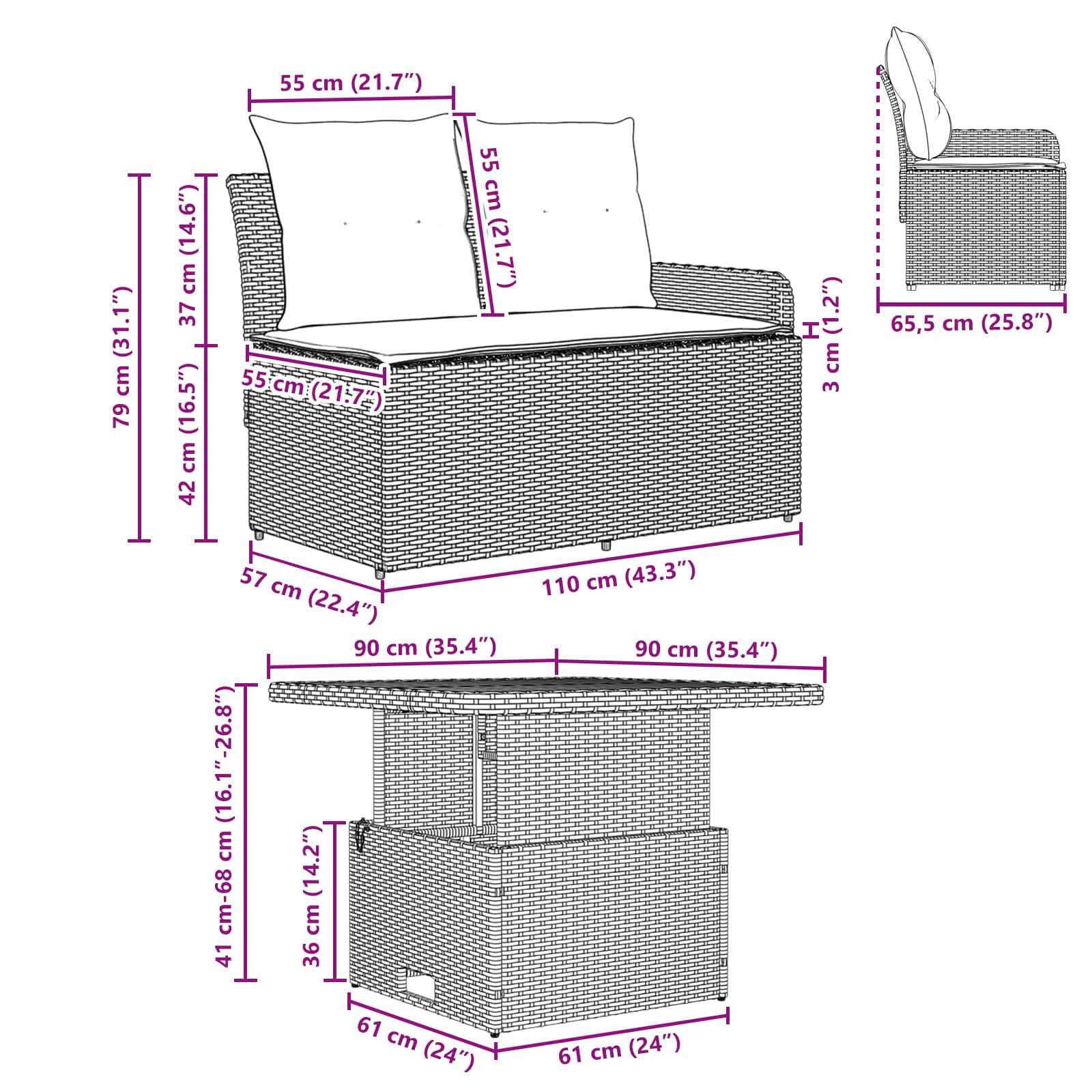 vidaXL Garten Armlehnen Sofa mit Klapptisch 2 Stück Schwarz und Creme
