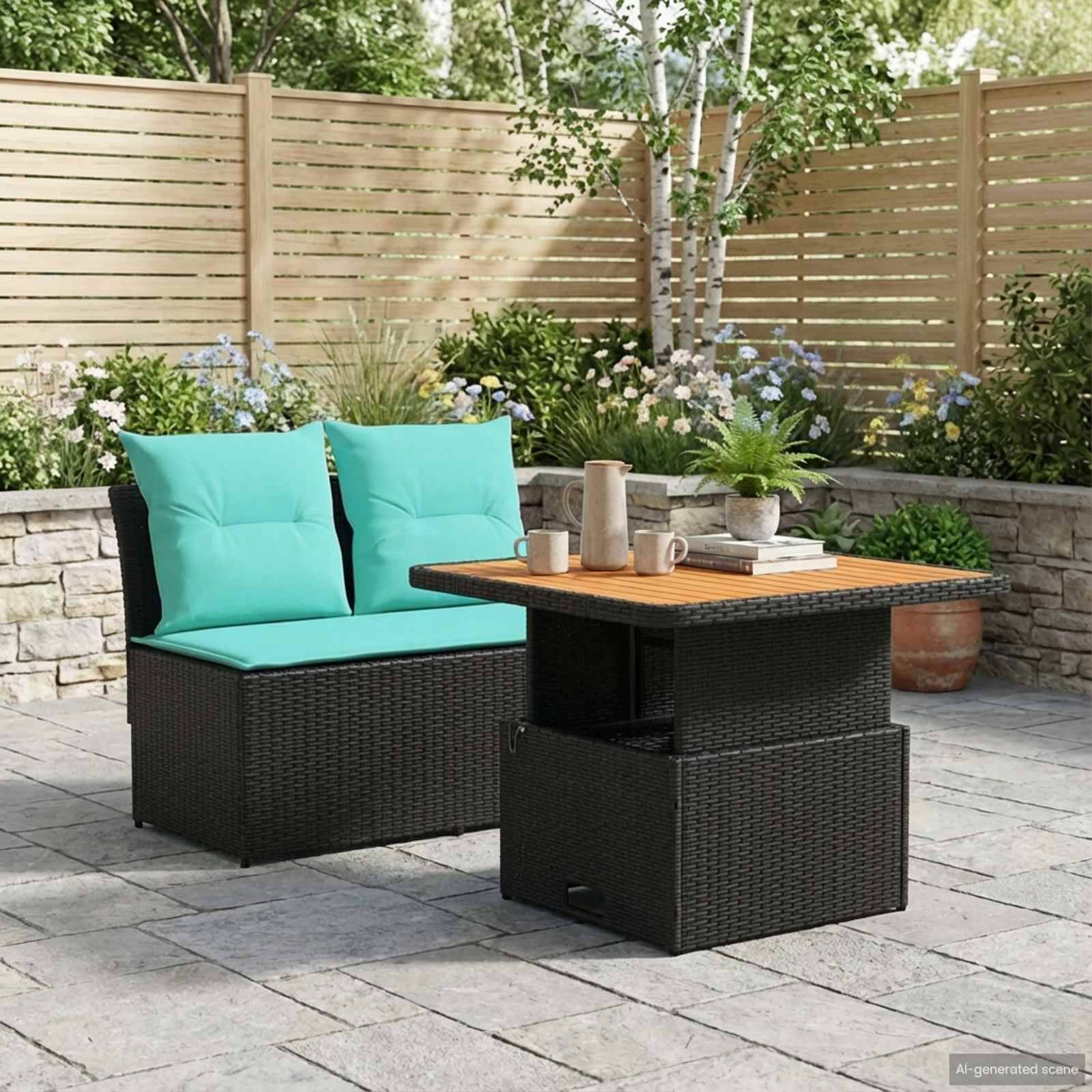 vidaXL 2 Stück Garten Mittel Sofa Mit Hochklapptisch Poly-Rattan