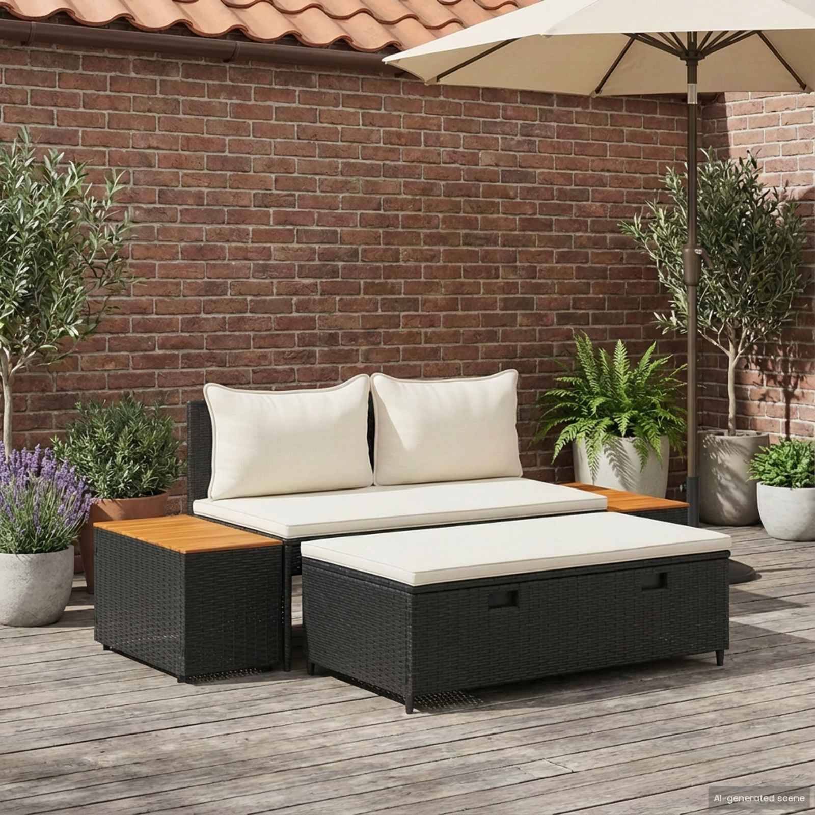 vidaXL Outdoor-Sofagarnitur mit Kissen 4 pcs Schwarz und Cremeweiß