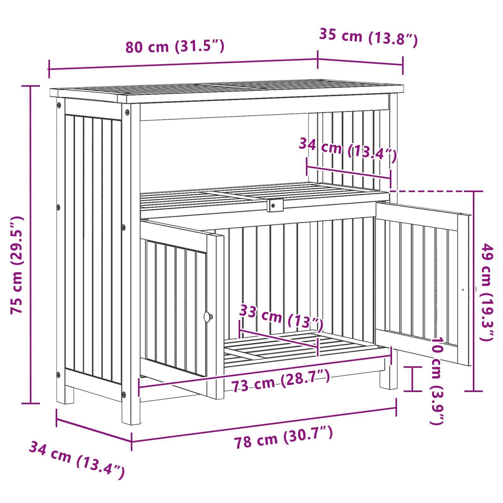 vidaXL Gartenkonsole Tisch Helles Akazienholz 80 x 35 x 75 cm