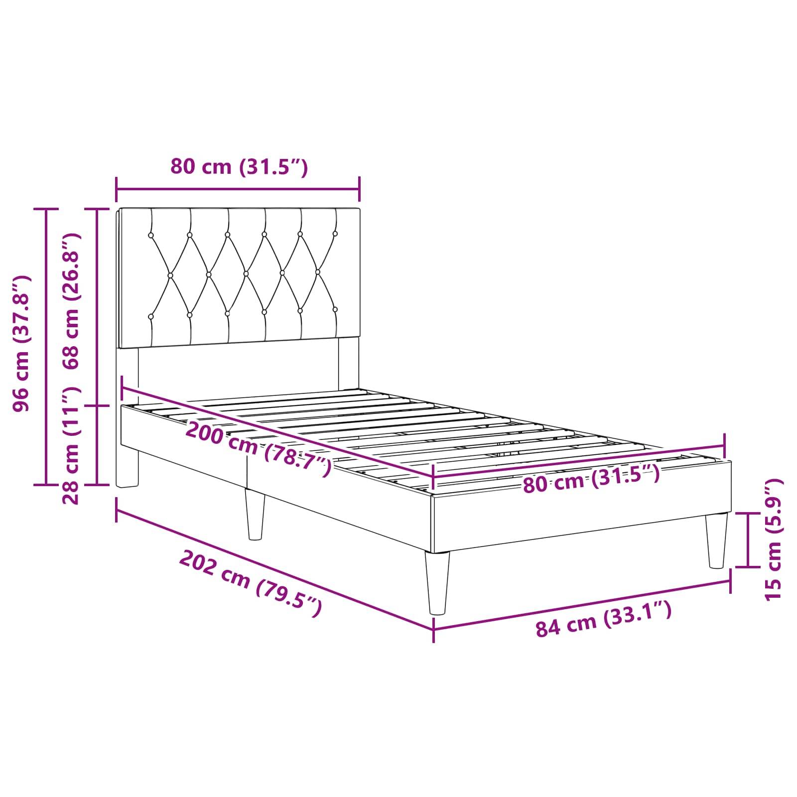 Maßstabgetreue Zeichnung eines gepolsterten Einzelbetts mit gestepptem Kopfteil, die die Gesamtgröße 202 x 84 x 96 cm und die Matratzenauflage 200 x 80 cm zeigt.