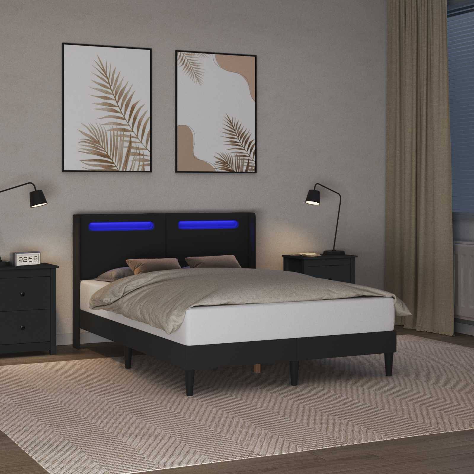 vidaXL Bettrahmen mit LED-Lichtleisten Schwarz 120 x 190 cm Kunstleder