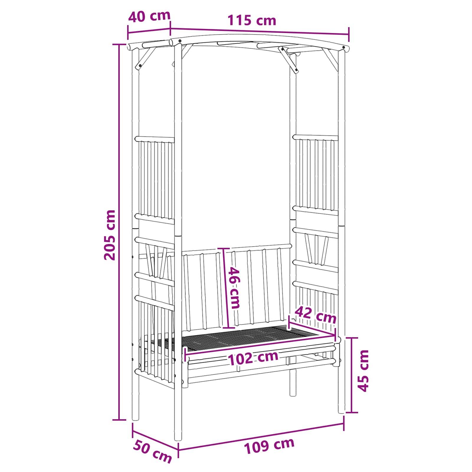 vidaXL Gartenbogen mit Bank Natur 115 x 50 x 205 cm Bambus