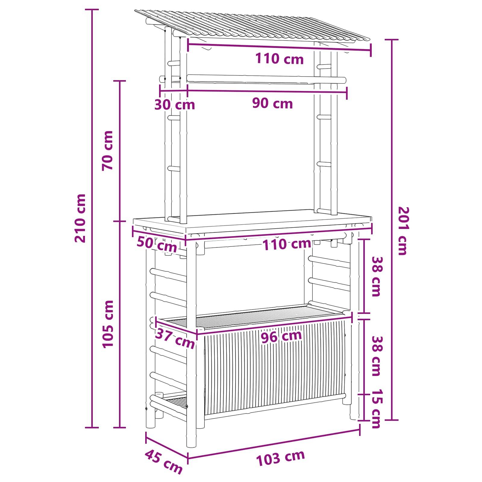 vidaXL Outdoor Bartisch mit Speicher Natur 110 x 50 x 210 cm Bambus