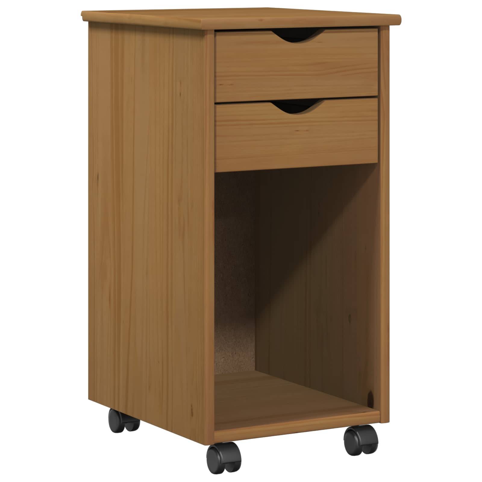 Kleiner Holz-Nachtschrank auf Rollen mit zwei Schubladen, offenen Regalboden und vier Rollen.