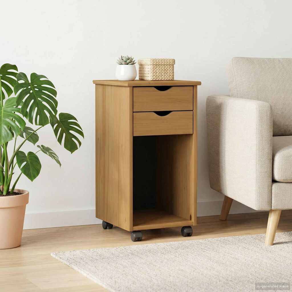 Kleines hölzernes Rollseitenschrank mit zwei Schubladen und einem offenen Lagerfach, neben einem Sofa und einer Topfpflanze in einem hellen Wohnzimmer.