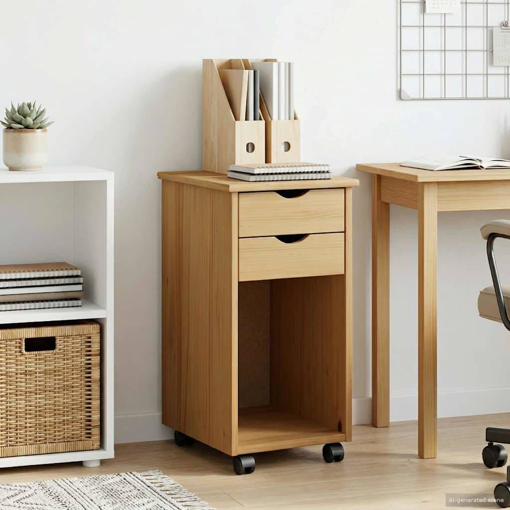 Kleiner hölzerner mobiler Aktenschrank mit zwei Schubladen und einem offenen Lagerfach, in einem aufgeräumten Homeoffice neben einem Schreibtisch und Regalen dargestellt.