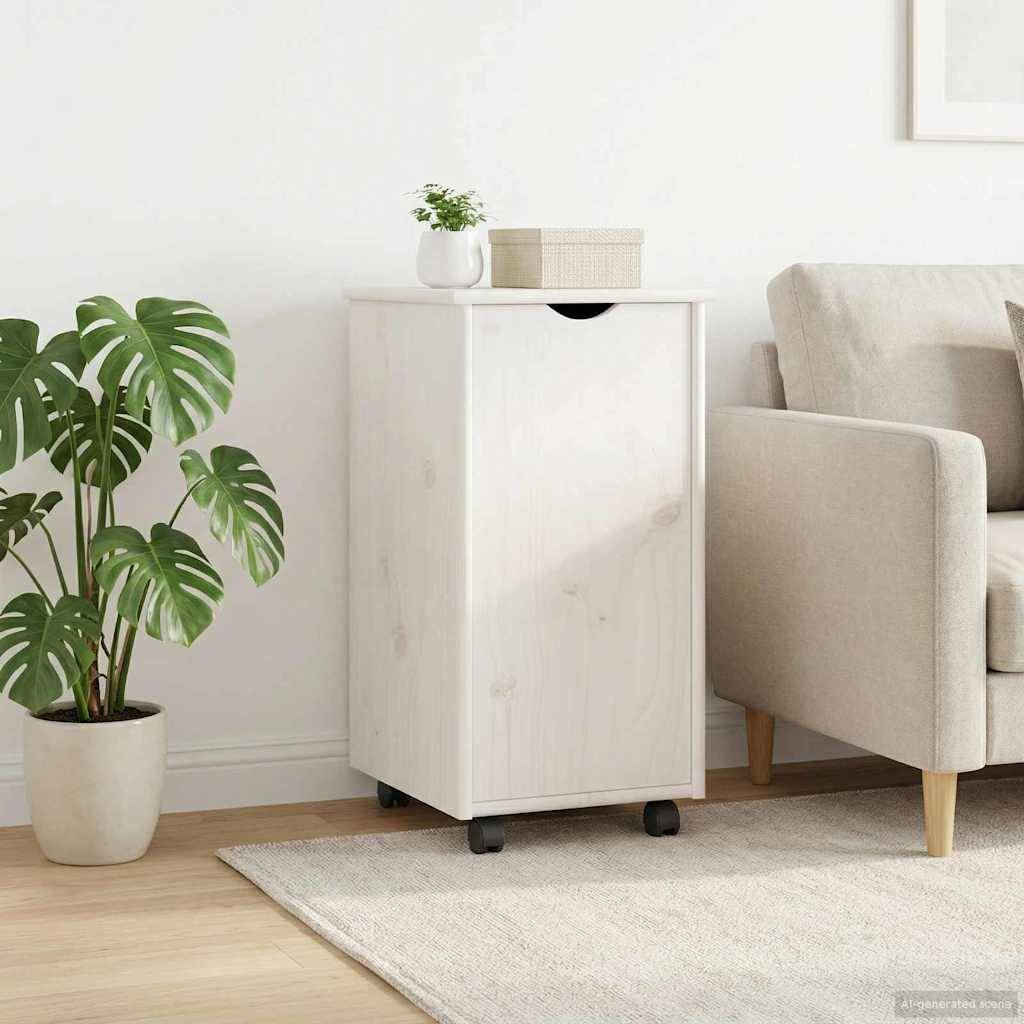 Weißer fahrbarer Schrank neben einem beigen Sofa und einer Topfpflanze in einem hellen Wohnzimmer, mit einer kleinen Pflanze und einer Schachtel oben drauf.