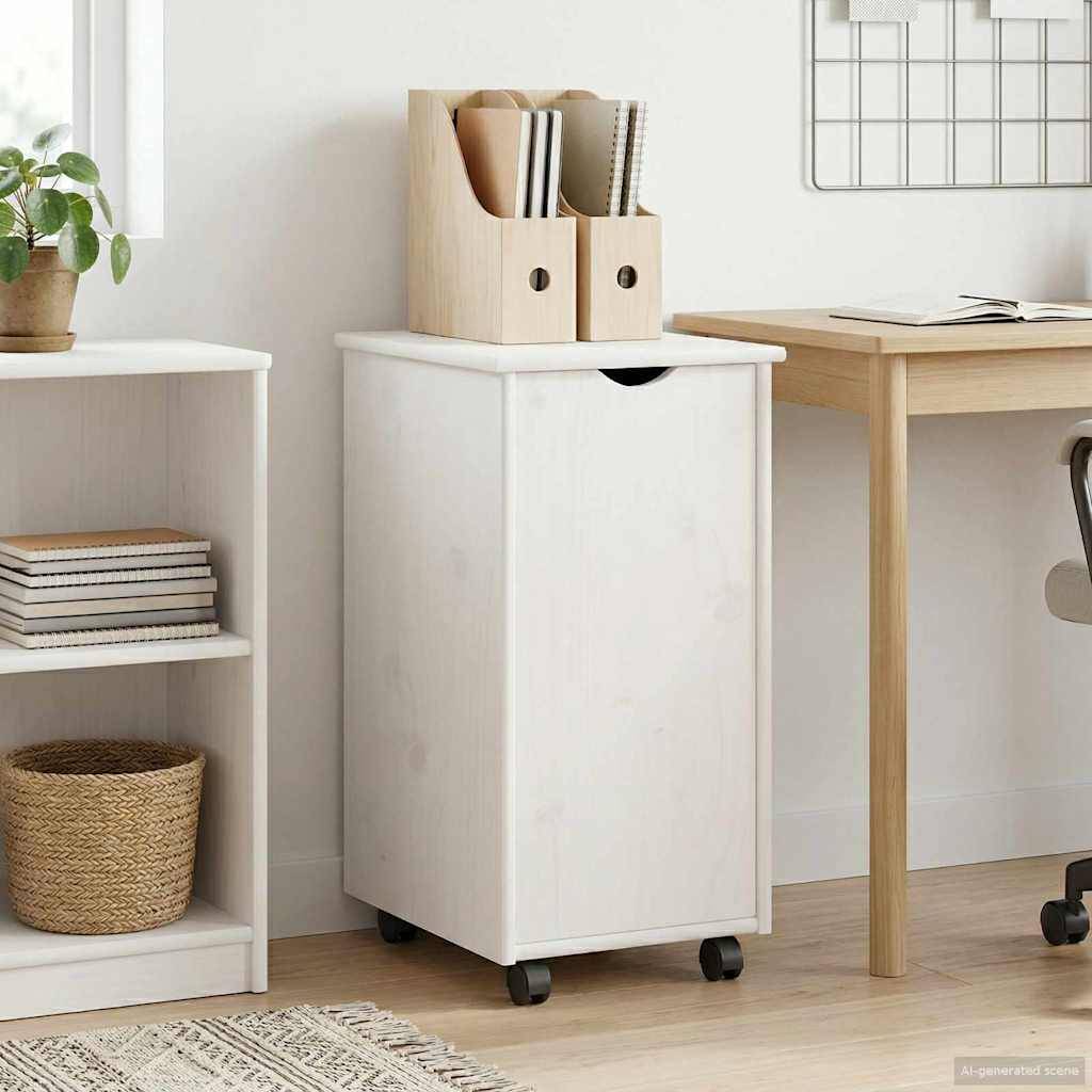Weißer fahrbarer Schrank mit einer Schublade und Ordnern oben in einem ordentlichen Homeoffice neben einem Schreibtisch und einem Regalsystem.